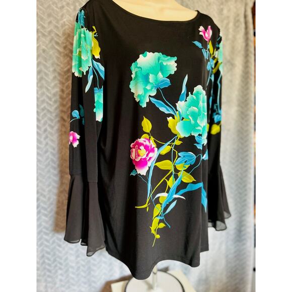 Susan Graver Liquid Knit Black & Aqua Floral Top Sheer Bell Sleeve Dressy Party - Picture 5 of 6